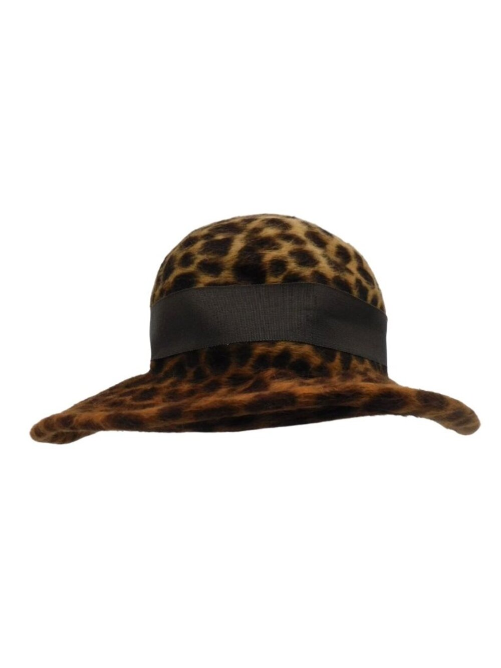 Lisa Hatch Millinery Leopard Print Faux Fur Wide Brim Hat Black Ribbon Accent